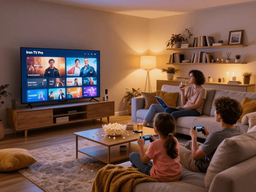 Famille profitant de Iron TV Pro dans un salon moderne, regardant un film.