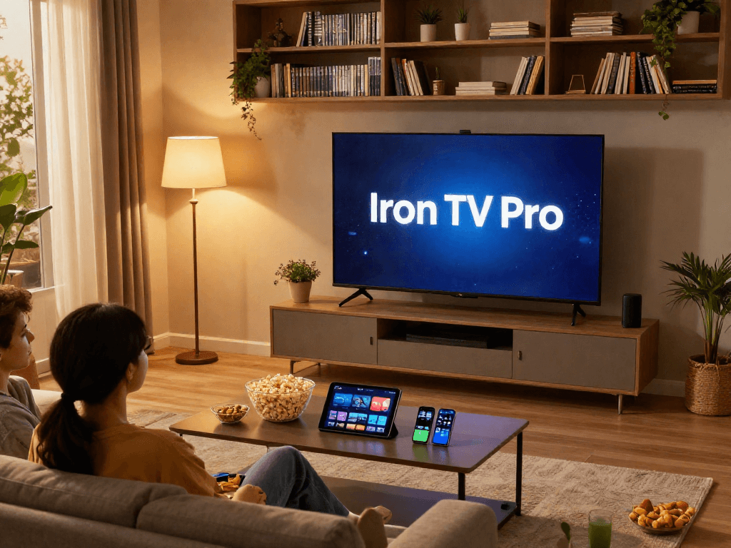 Enjoying Iron TV Pro at home with a cozy living room setup and snacks.