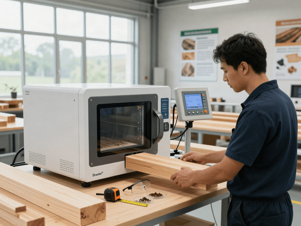 Système de traitement à micro-ondes Shashel® utilisé par un technicien pour éliminer les insectes nuisibles du bois dans un environnement moderne.