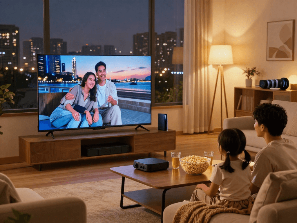 Scène familiale autour de l'Iron tv pro, soirée cinéma avec télévision intelligente, ambiance chaleureuse.