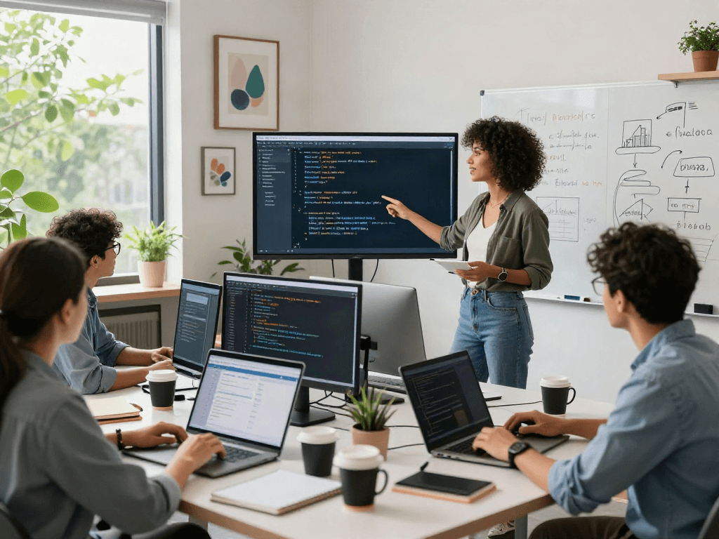 Développeurs collaborant à un projet de logiciel Atlas pro dans un bureau moderne, ambiance dynamique.