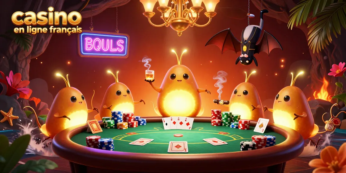 Lumières éclatantes des vers luisants dans un casino en ligne français captivant avec des cartes et des jetons colorés.
