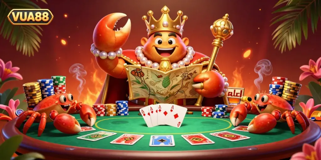 Experience VUA88's vibrant casino atmosphere with a golden crab emperor and poker excitement.