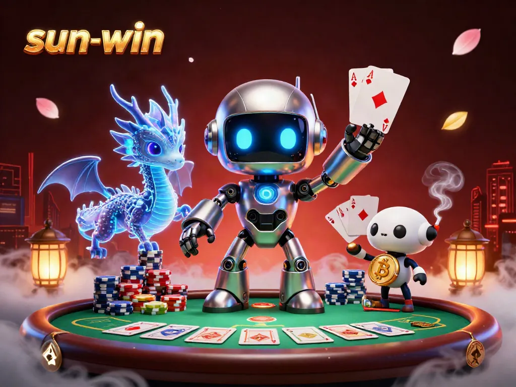 Engage with the sun-win casino experience featuring a vibrant 3D digital scene of a cyberpunk robot and gaming elements.
