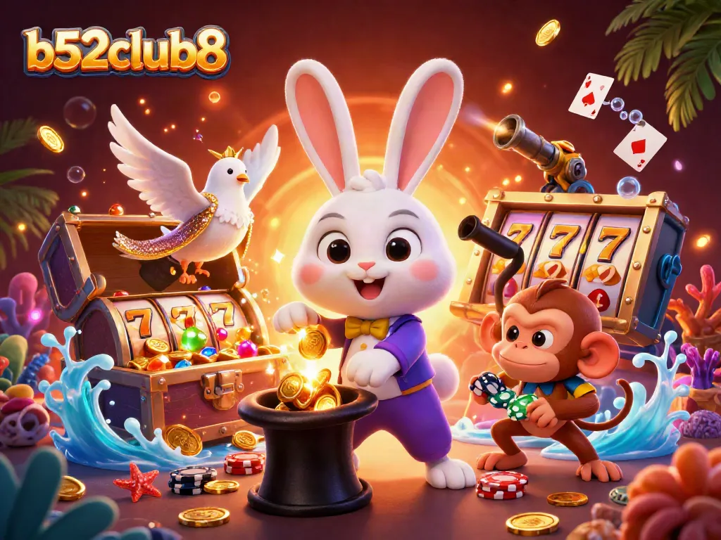 Experience excitement at b52club8 where a magician bunny, stylish dove, and cheeky monkey animate winning moments.