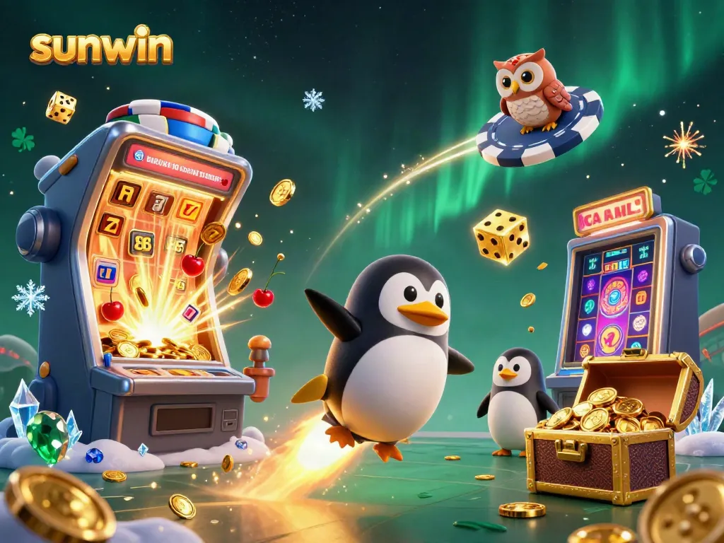 Experience the thrill of sunwin with a golden penguin racing to a casino space station amid jackpots and glowing coins.