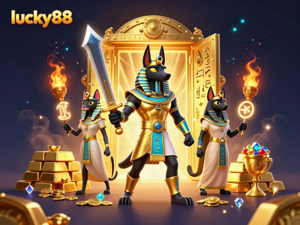 Experience vibrant gameplay with lucky88, featuring Anubis and treasures in a thrilling casino scene.