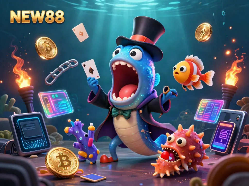 Engage with NEW88's vibrant underwater magic featuring a bioluminescent eel magician.