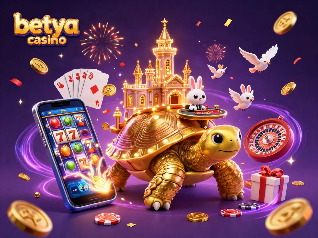 Experience the thrill of betya casino with high-energy gaming depicted in a vibrant 3D scene featuring a golden tortoise, lively dealer, and dynamic slot elements.