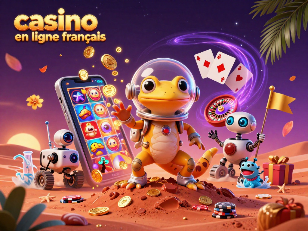 L'illustration en 3D montre un gecko martien dans un casino en ligne français avec des jeux de machines à sous.