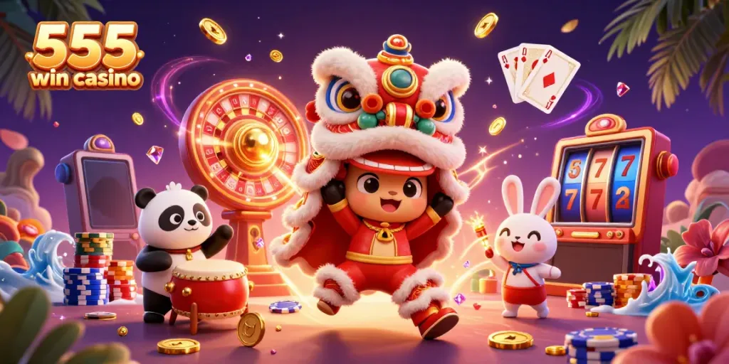 Engage in thrilling gameplay at 555 win casino with colorful characters and vibrant casino elements.