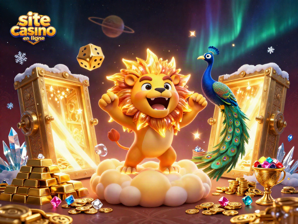 Site casino en ligne : lion au soleil triomphant entouré de dés dorés et trésors scintillants