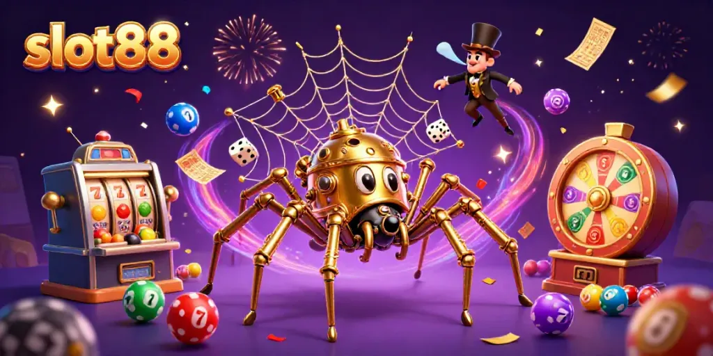 Experience slot88 excitement with a vibrant 3D scene featuring a golden spider, lively dice, and festive gaming elements.