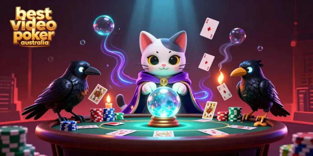 Experience the best video poker Australia at an engaging 3D casino illustrated scene featuring vibrant characters and poker elements.