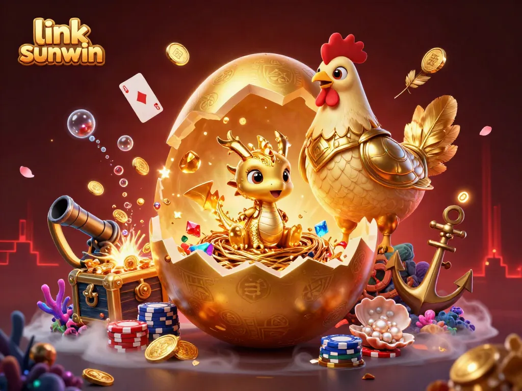 Experience the thrill of the casino with the link sunwin, featuring a golden dragon amidst poker chips and treasures.
