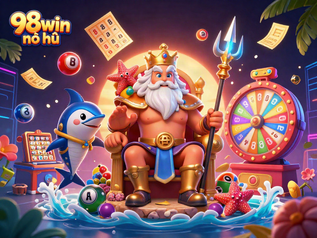 Engage in exciting gameplay with 98win nổ hũ, featuring a vibrant 3D casino scene filled with prizes and lottery elements.