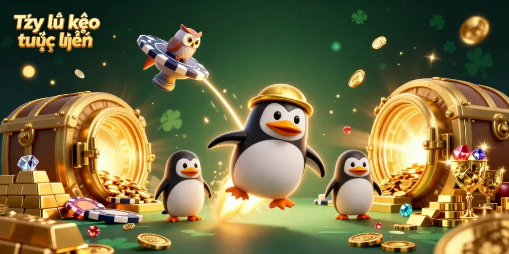 Experience the excitement of Tỷ lệ kèo trực tuyến with a golden penguin exploring a casino-themed space in this vibrant illustration.