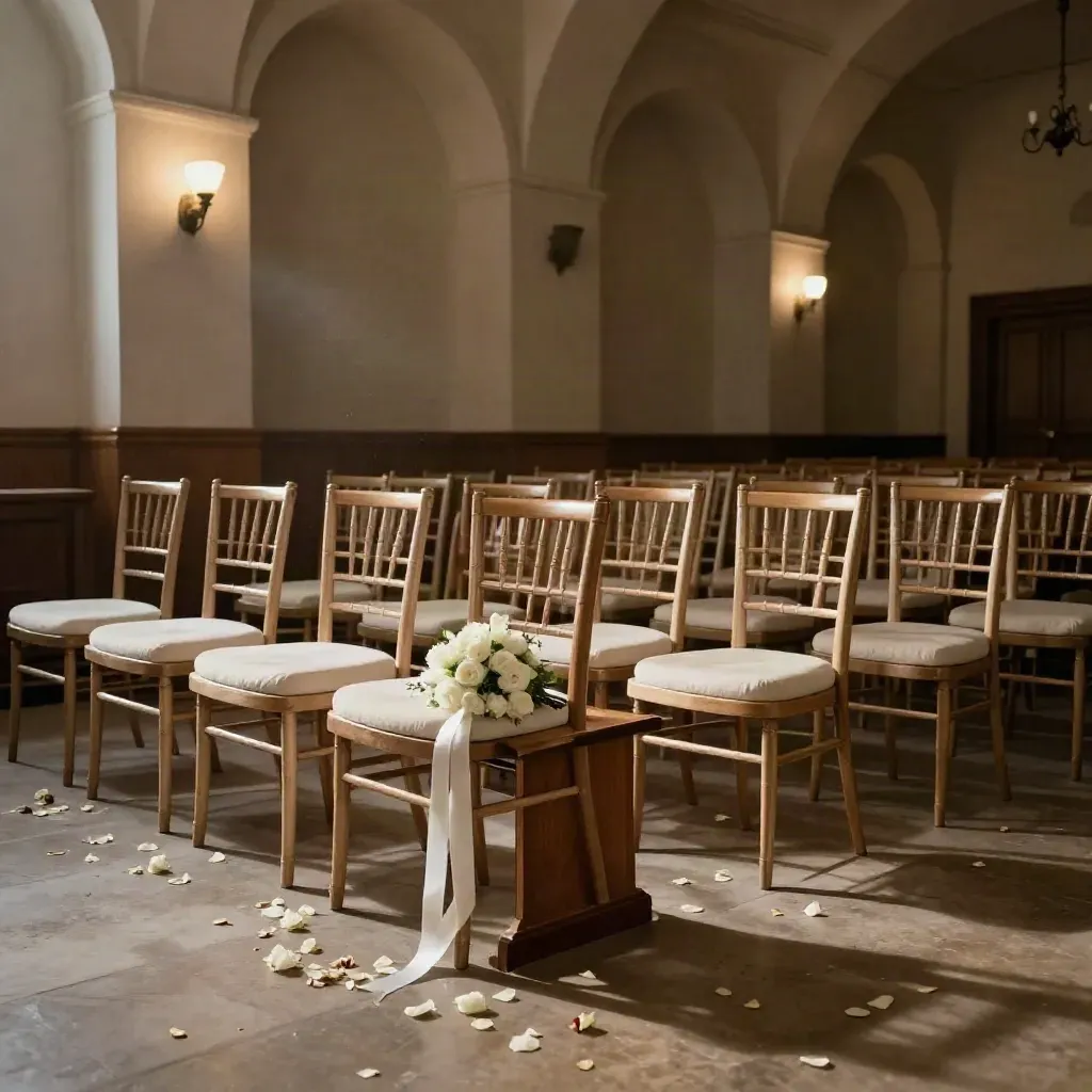Salle de mariage civil vide, chaises alignées, pétales, bouquet blanc et rubans clairs.