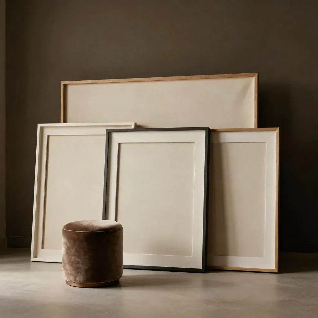 Cadres portrait identiques, tabouret vide et toile roulée dans un coin studio épuré.