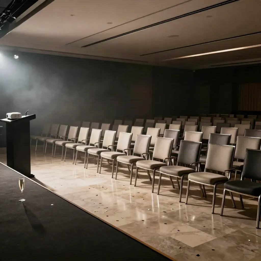 Salle d’événement pro après la soirée, chaises rangées, pupitre vide, flûtes et confettis au sol.