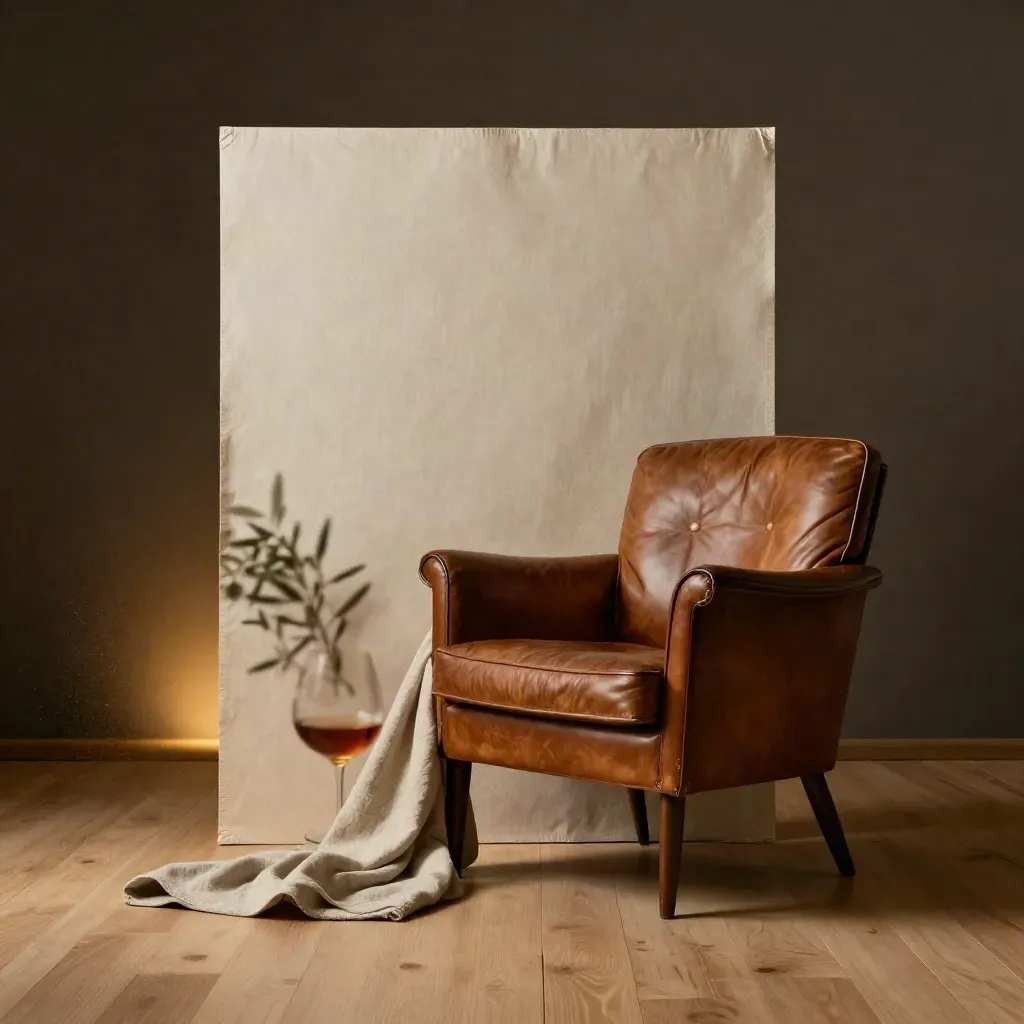 Tirage portrait grand format, fauteuil cognac vide, drapé neutre et branche sous une lumière douce.