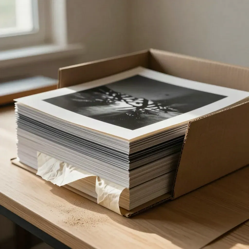 Tirages photo barytés, boîte kraft et papier de soie sur un banc de finition en lumière douce.