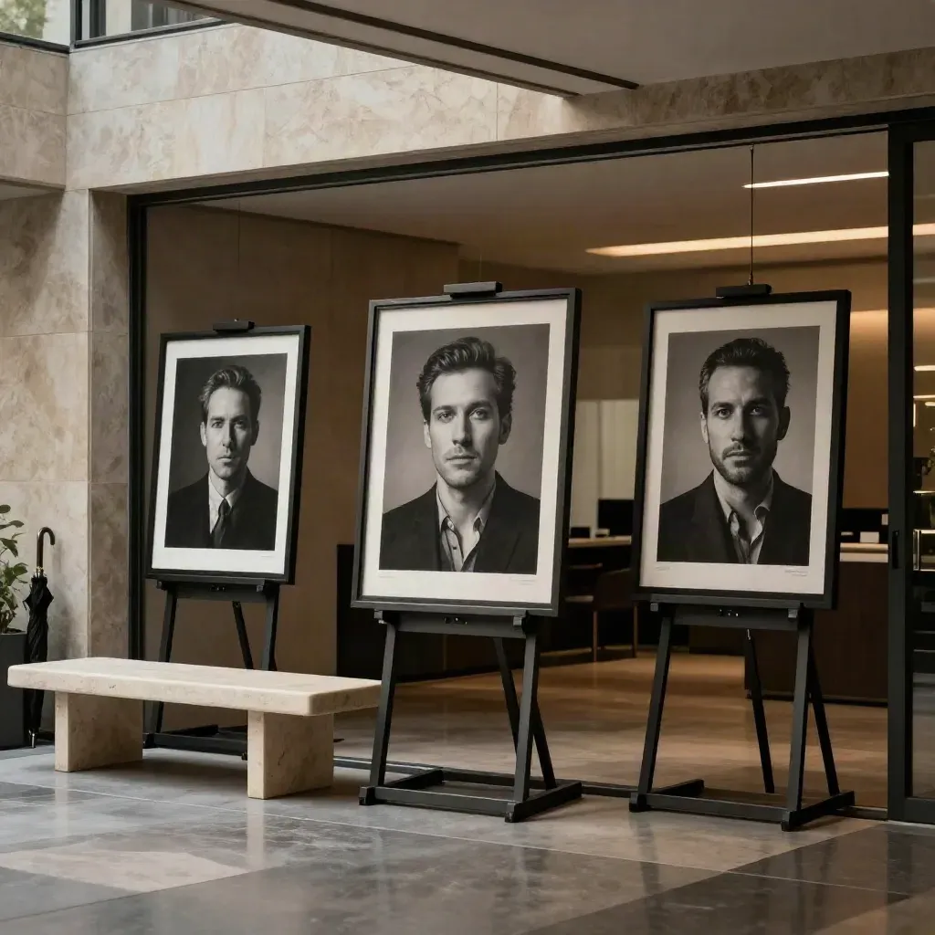 Entrée de cabinet avec trois portraits grand format sur chevalets et banc en pierre.