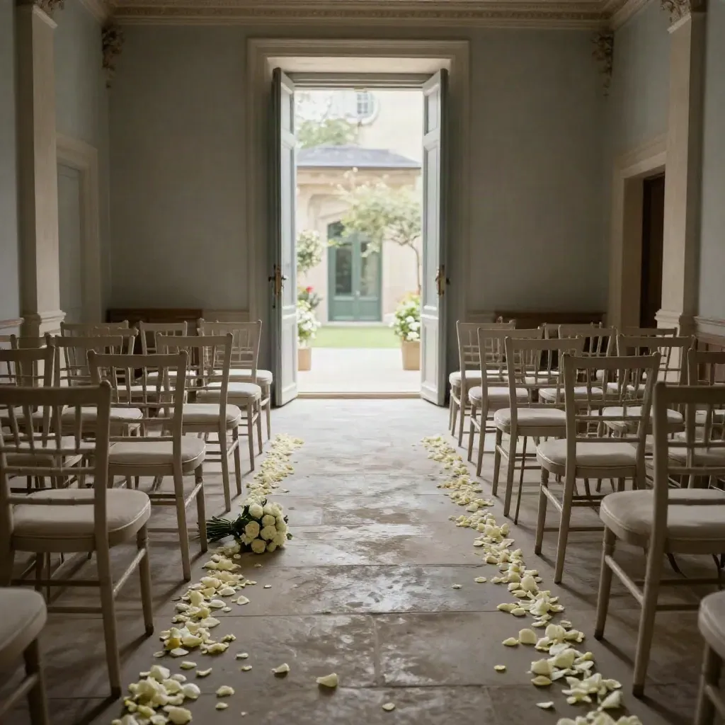 Salle de mariage civil vide à Lyon, fleurs et chaises après la cérémonie.