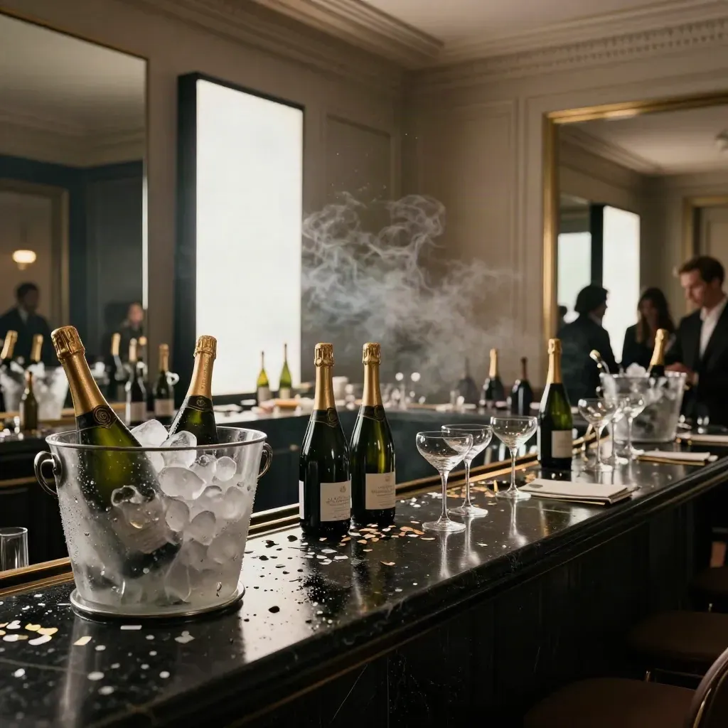 Salle de presse parisienne après la soirée, bar lumineux, glaçons et confettis en reflet.