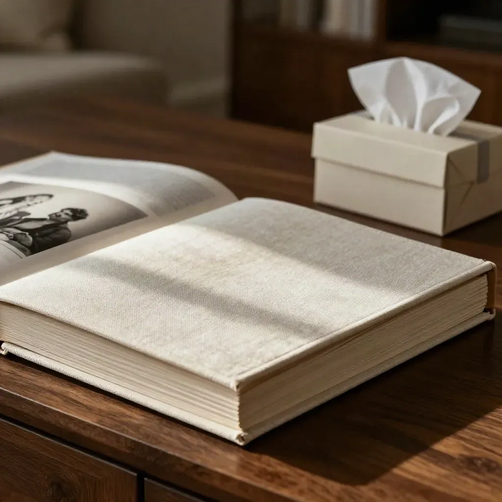Album famille en textile clair, tirages fine-art et coffret cadeau prêts à offrir.