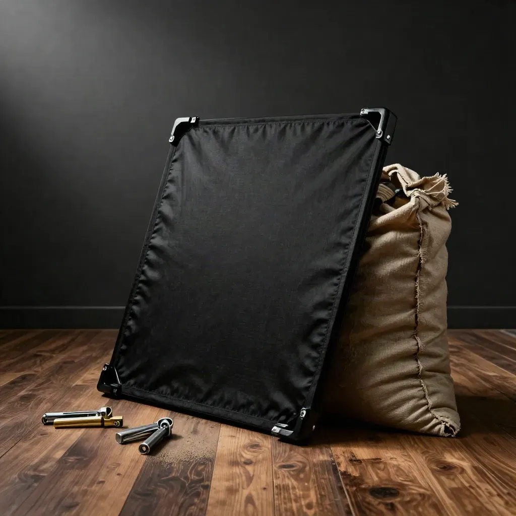 Kit lumière avec diffuseur plié, pinces noires et sac de lest sur sol de studio sombre.