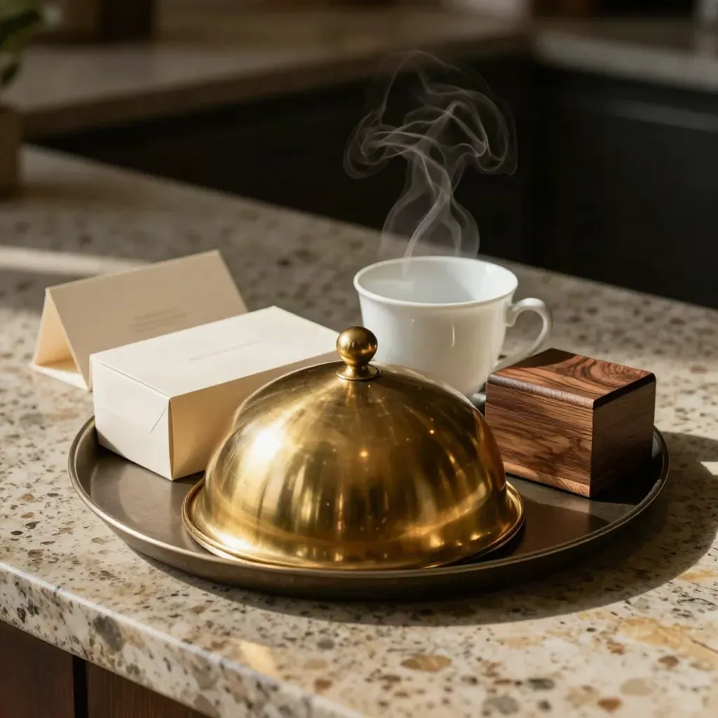 Plateau d’accueil raffiné avec cloche en laiton, tasse claire et coffret de tirages