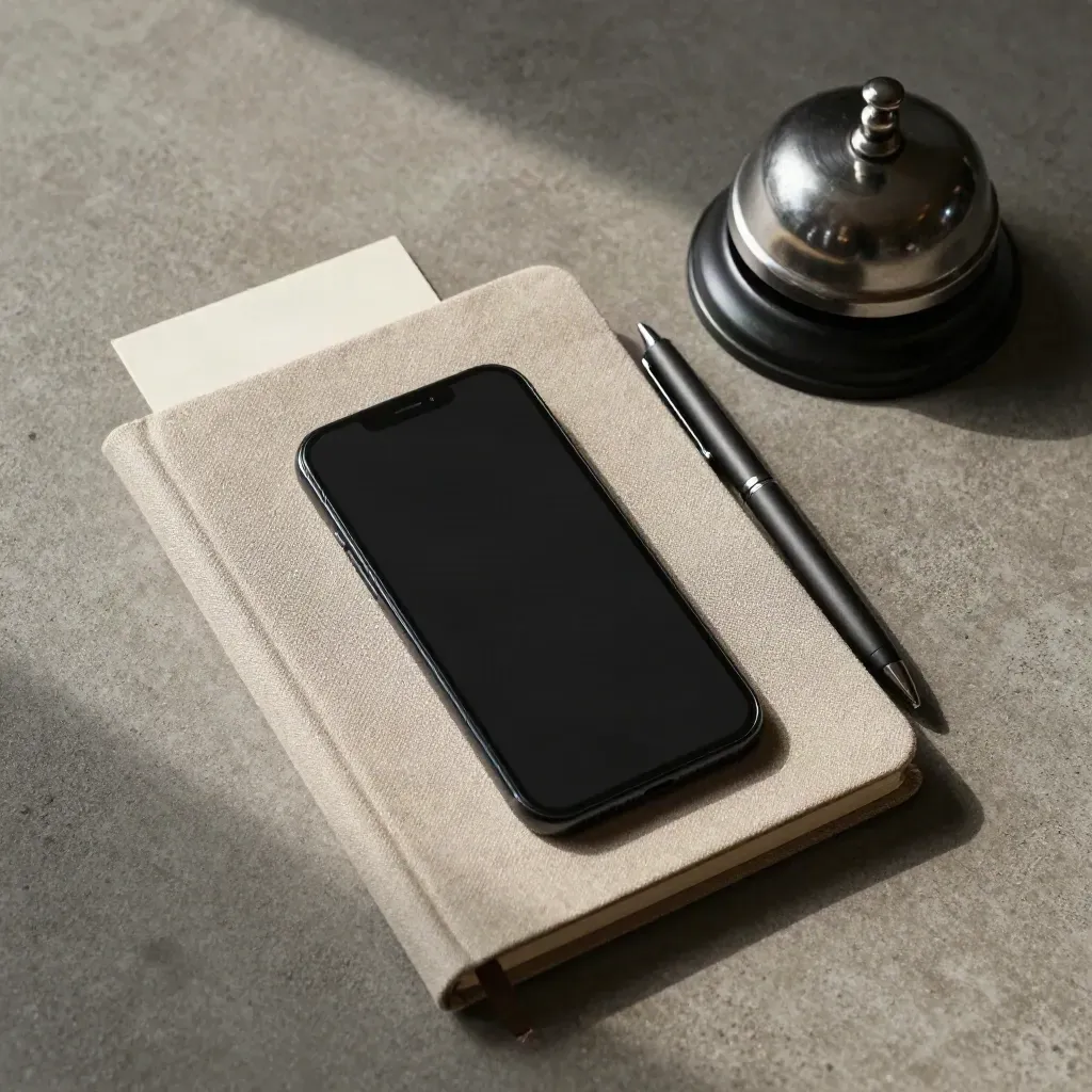 Vue de dessus d’un smartphone, carnet en lin, stylo et sonnette de bureau sur béton clair.