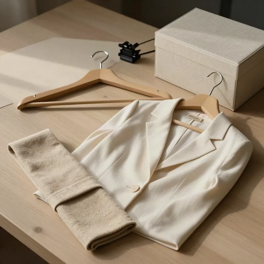 Tenues sur cintres, pince et boîte d’accessoires sur bois clair, lumière douce
