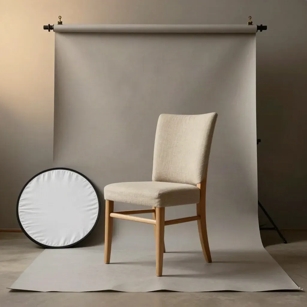 Chaise de portrait vide, fond gris chaud, réflecteur au sol et pince discrète en lumière douce.