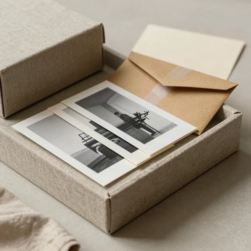 Coffret en lin, tirages classés, enveloppe kraft et papier de soie sur plateau de pierre.