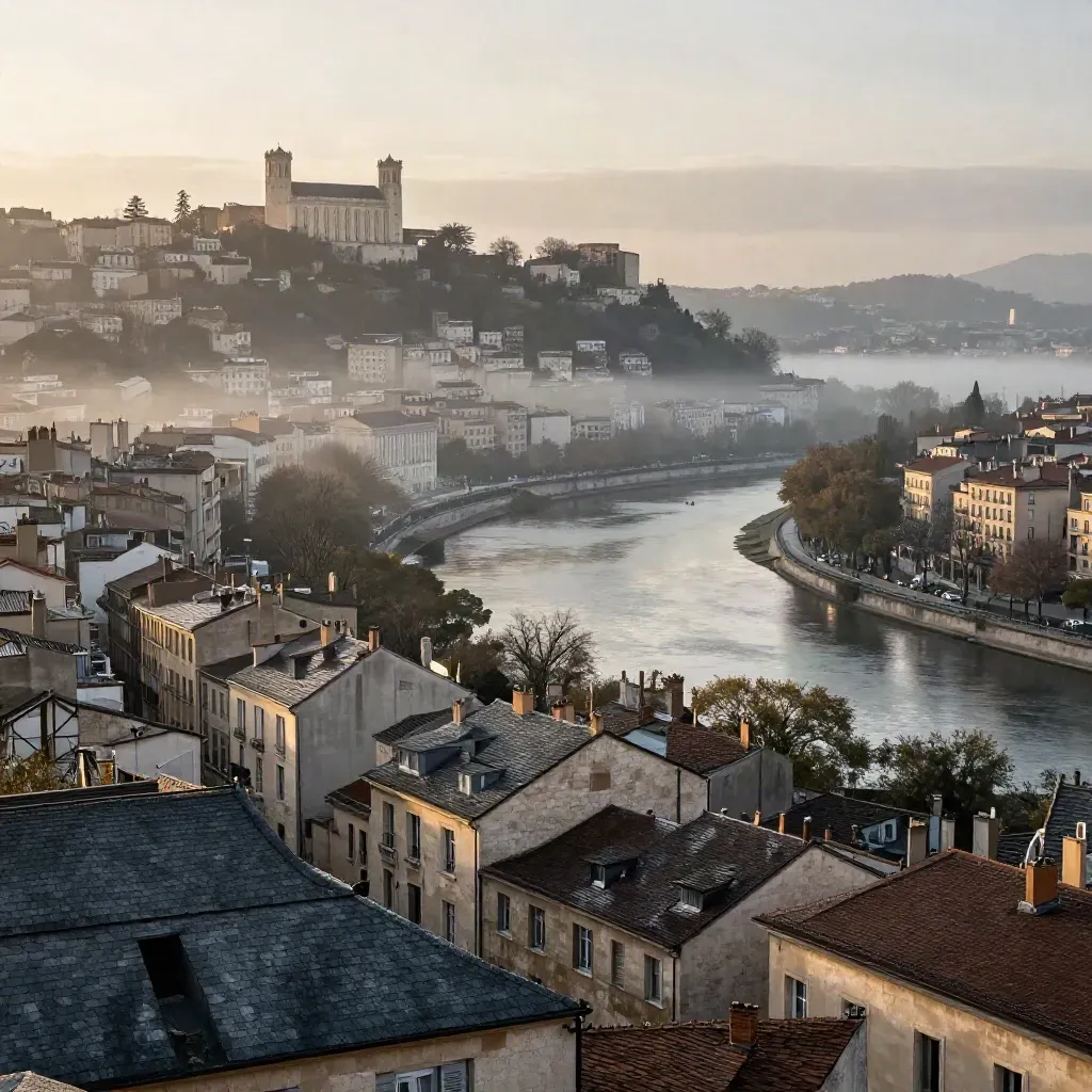 Vue brumeuse de Lyon au lever du jour, Fourvière au-dessus de la Saône sombre.