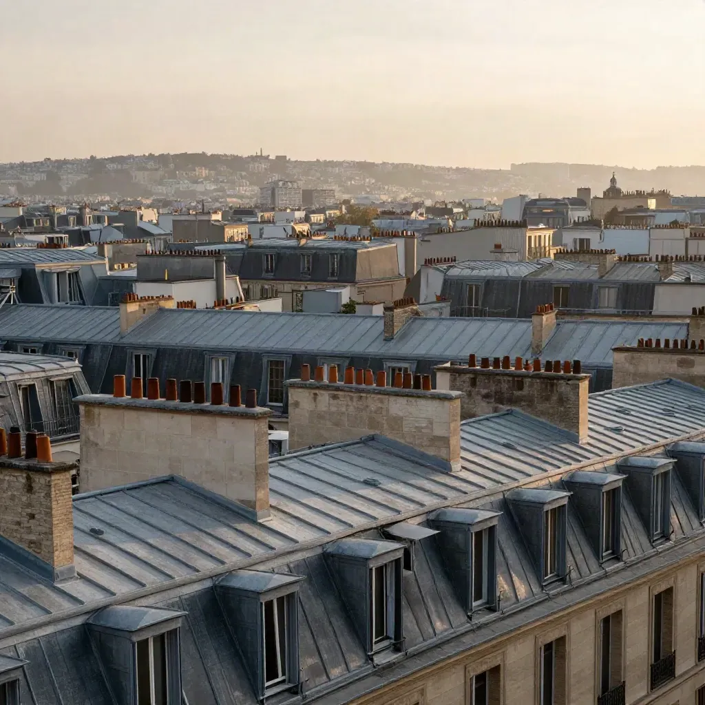 Toits de Paris en zinc et pierre claire, baignés d’une lumière douce après la pluie.