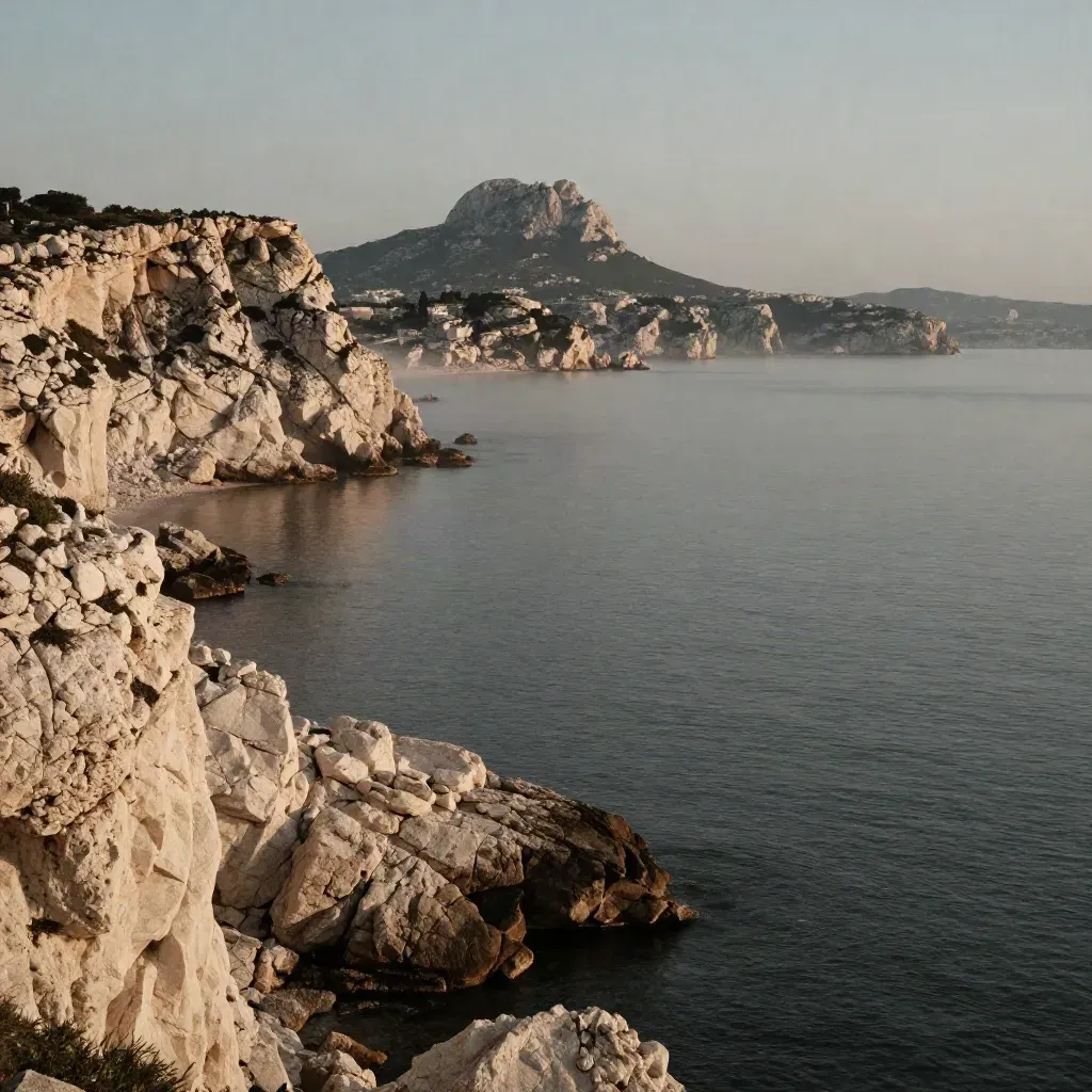 Falaises claires de PACA et mer calme au matin, dans une brume chaude et lumineuse.