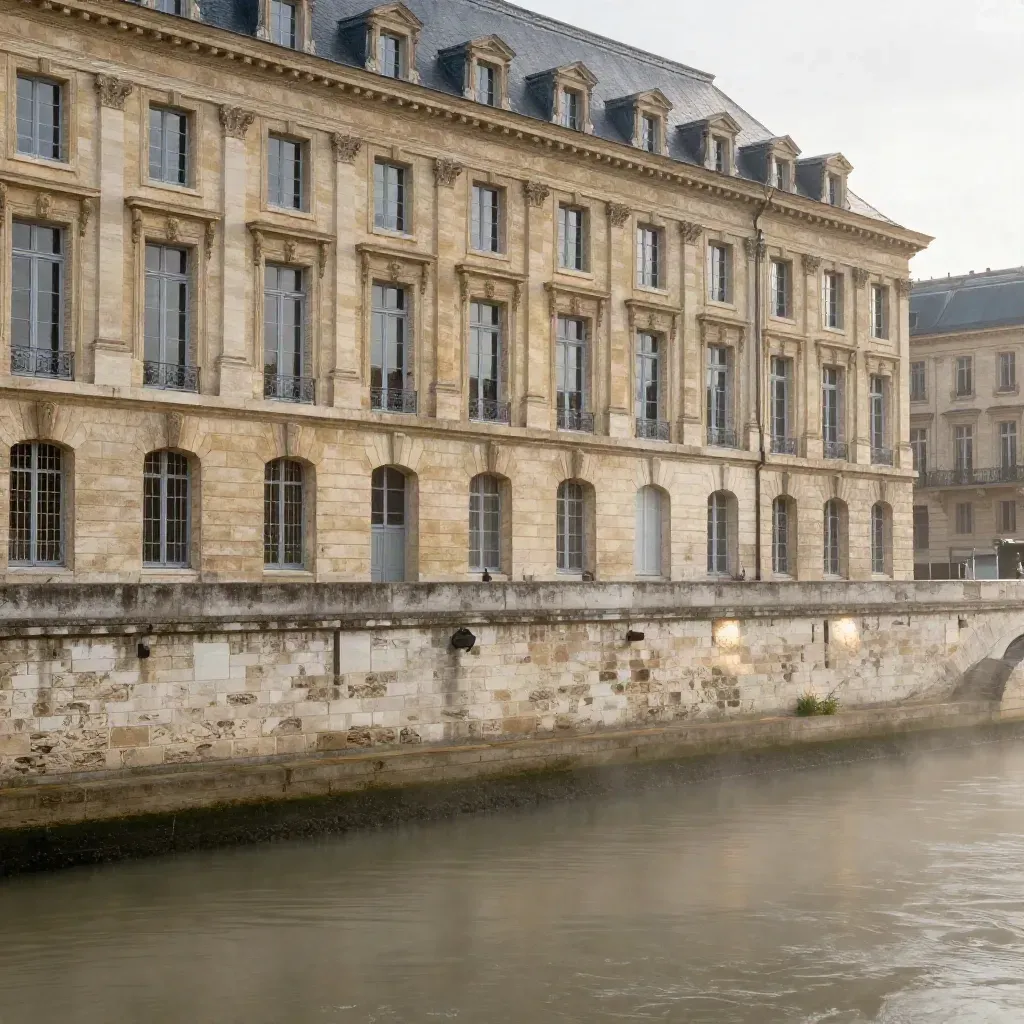 Façades en pierre blonde de Bordeaux au bord de la Garonne, après la pluie, lumière douce.