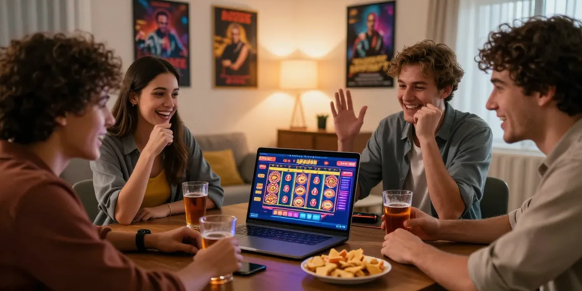 Scène de jeu en ligne avec des amis profitant de casino en ligne français dans un salon chaleureux.