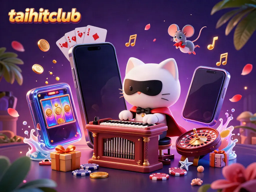 Experience the thrill of taihitclub with a whimsical casino scene featuring a masked cat and gaming elements.