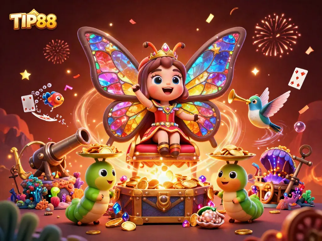 Experience the vibrant excitement of TIP88 with a colorful butterfly queen surrounded by casino elements.