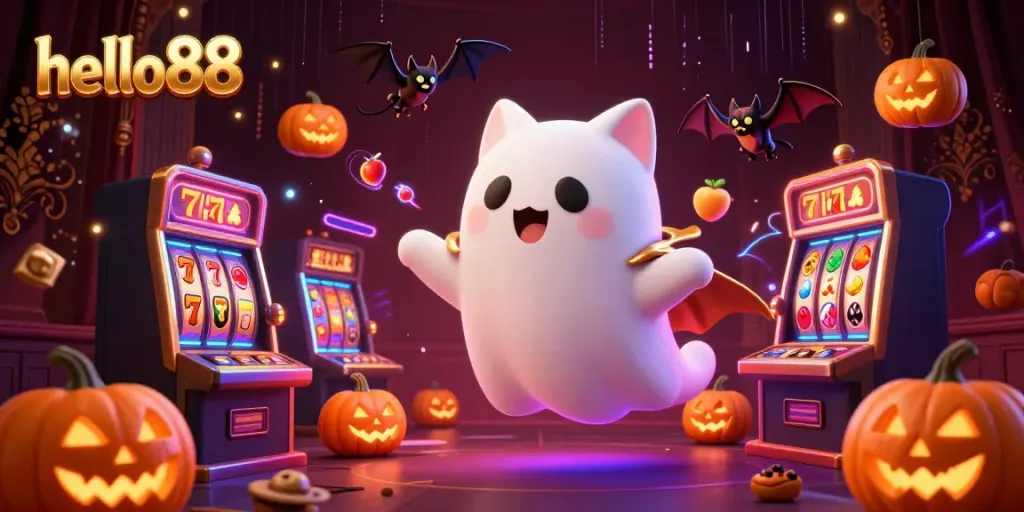 Experience the haunted allure of hello88 with a ghost cat and bat in a casino scene filled with slot elements.