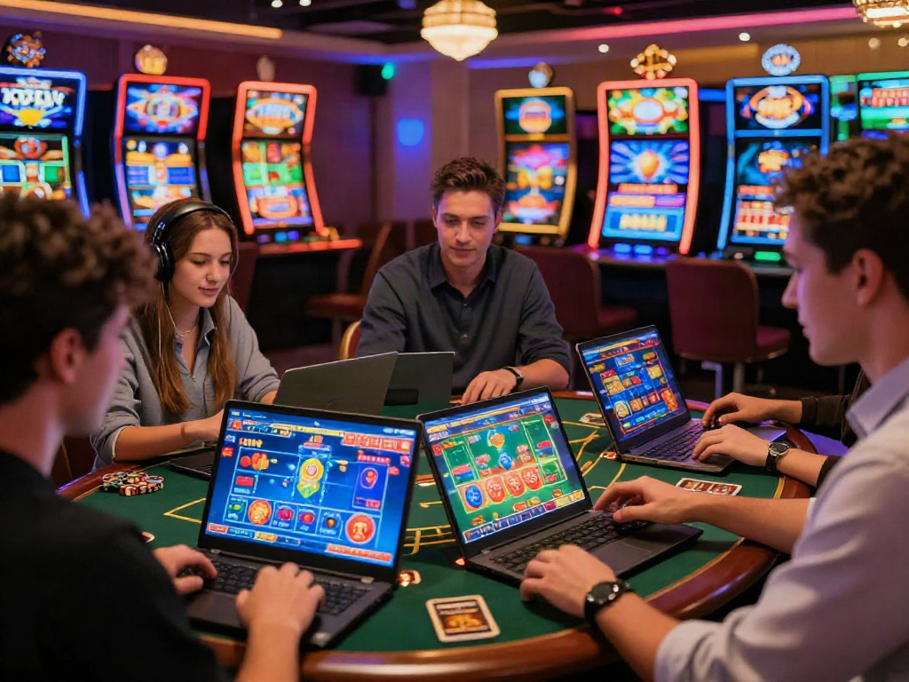 Joueurs absorbés par des jeux de casino en ligne francais, ambiance excitante et immersive.