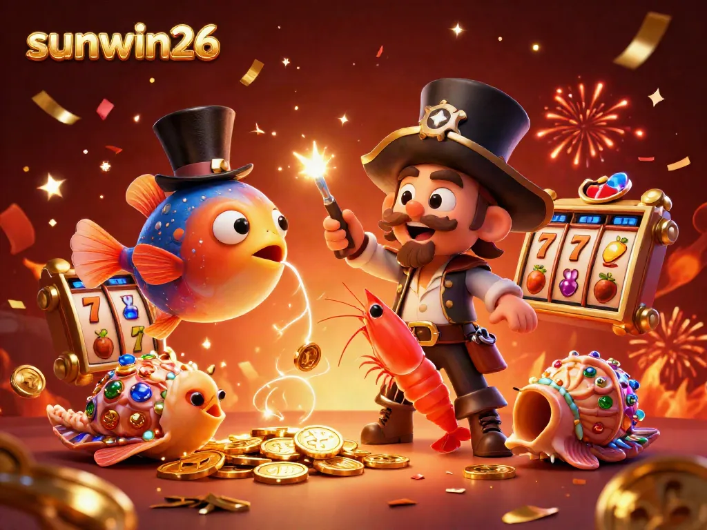 Engage in thrilling gambling with sunwin26 featuring cartoon anglerfish attracting gold coins at colorful slot machines