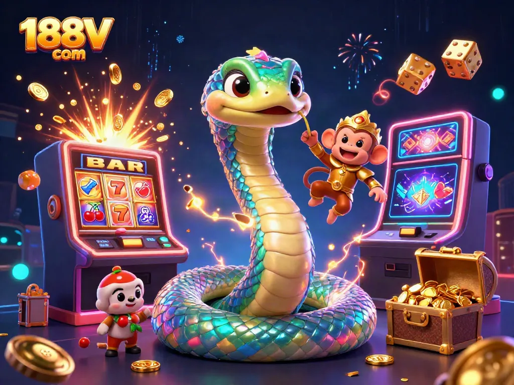 Experience thrilling wins at 188V com with an iridescent serpent and vibrant casino elements in a dynamic illustration.