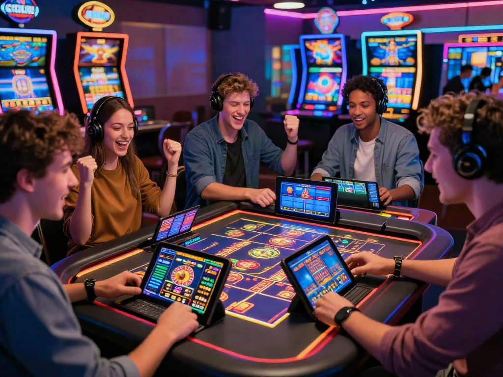 Expérience de jeu au casino en ligne français avec des joueurs célébrant leurs gains autour de machines à sous animées
