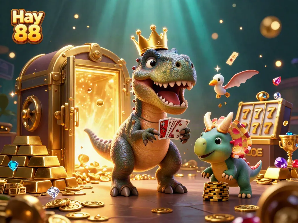 Experience excitement with Hay 88 as a T-Rex shuffles cards in a treasure-filled casino.