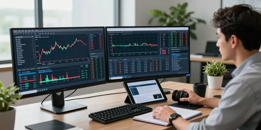 La-essorinvexaro.com plate-forme de trading IA avec un trader utilisant plusieurs écrans dans un bureau moderne.